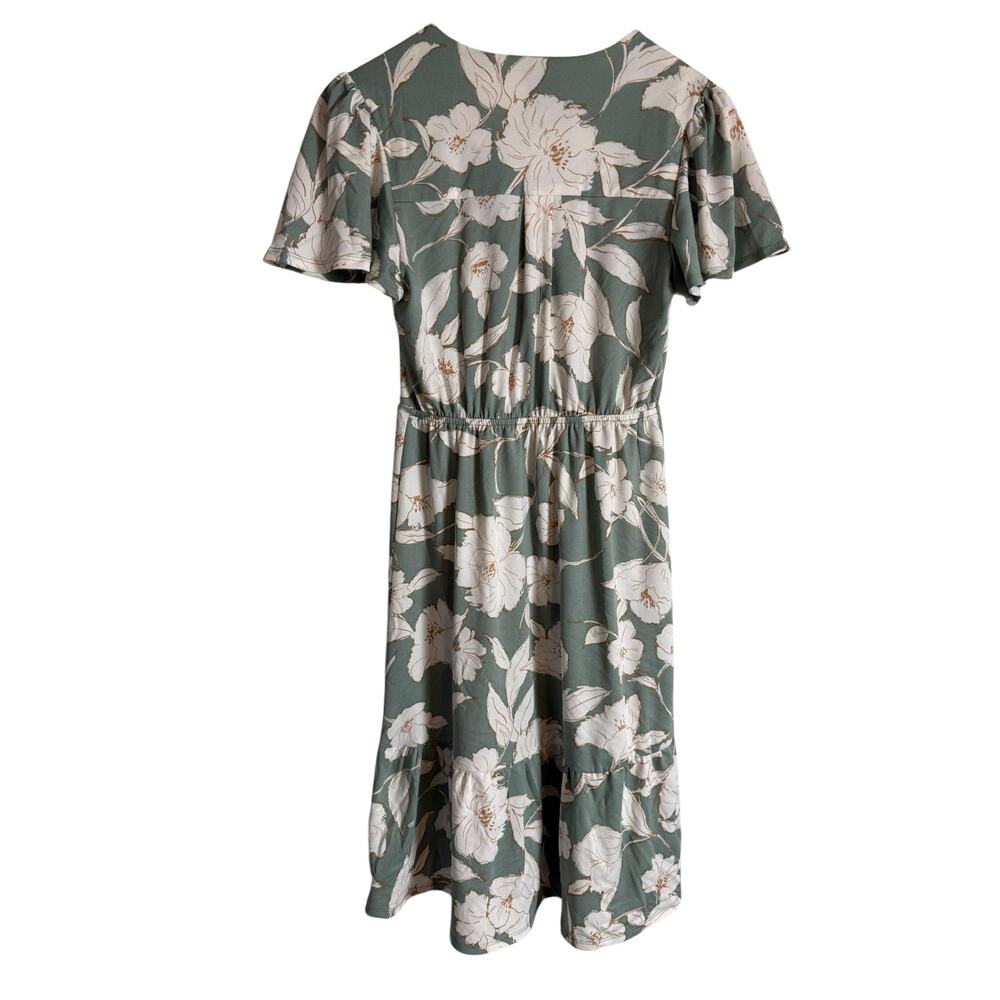 Monteau Sage Green White Floral Print Button VNeck Short Sleeve Midi Dress Small - Picture 6 of 8